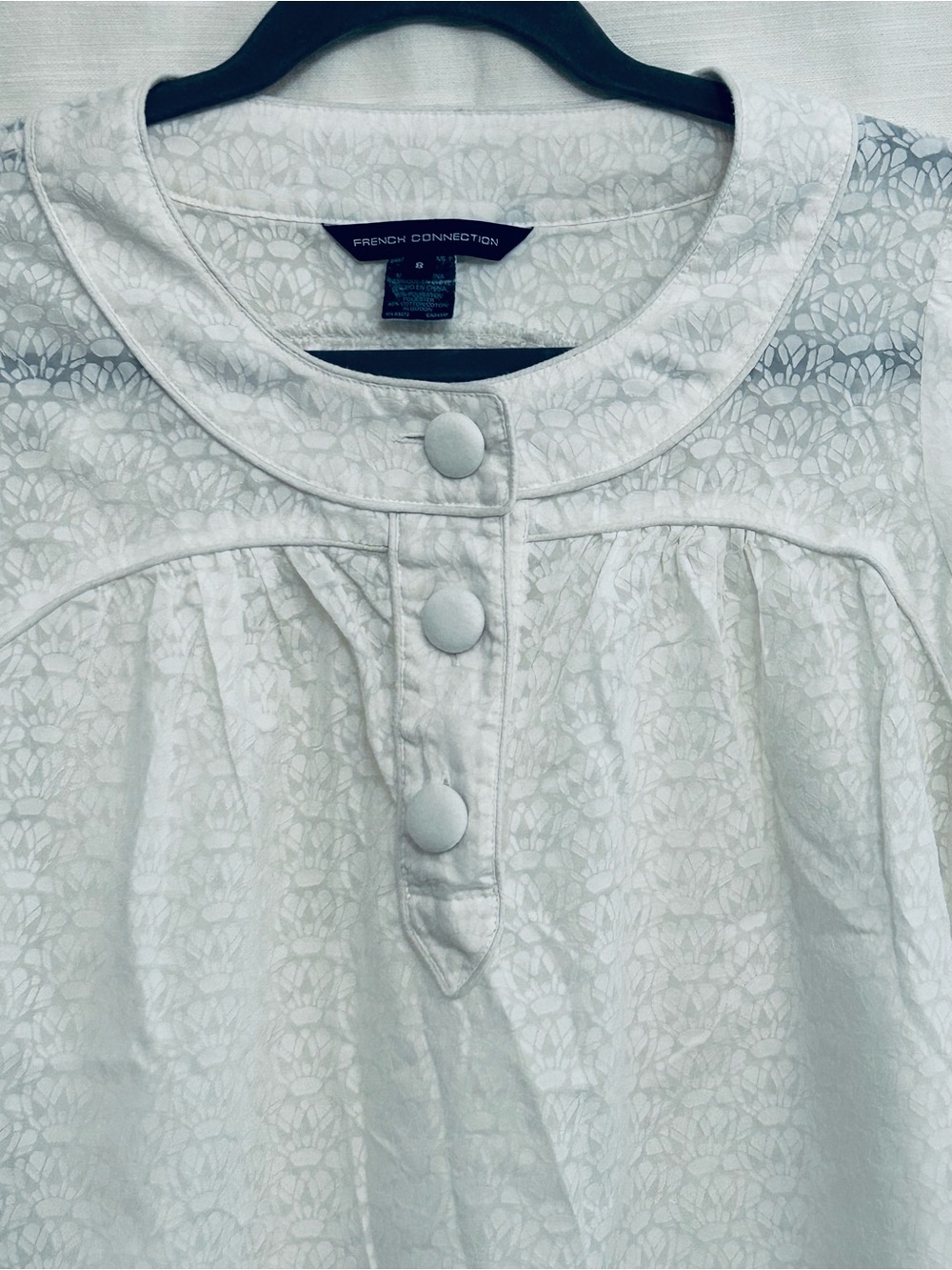 French Connection White Lace-Textured Women's Top with Yoke and Covered Buttons - Picture 3 of 8